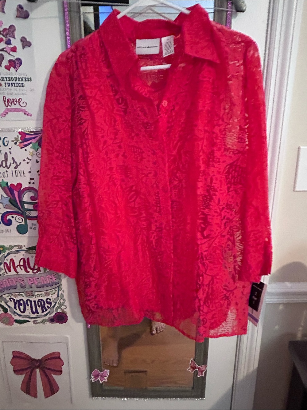 Alfred Dunner Bright Red Sheer Textured Button-Front Blouse